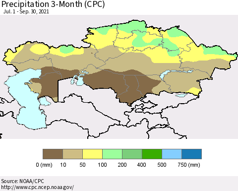 Kazakhstan Precipitation 3-Month (CPC) Thematic Map For 7/1/2021 - 9/30/2021