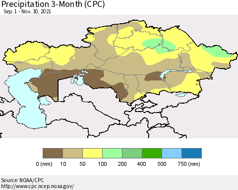 Kazakhstan Precipitation 3-Month (CPC) Thematic Map For 9/1/2021 - 11/30/2021