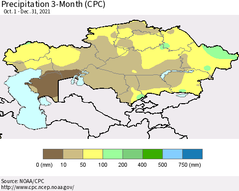 Kazakhstan Precipitation 3-Month (CPC) Thematic Map For 10/1/2021 - 12/31/2021