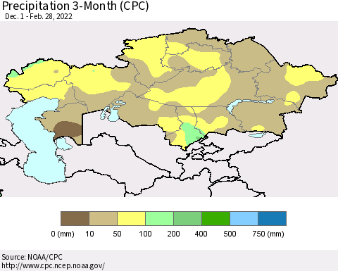 Kazakhstan Precipitation 3-Month (CPC) Thematic Map For 12/1/2021 - 2/28/2022
