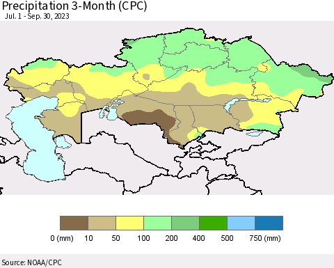 Kazakhstan Precipitation 3-Month (CPC) Thematic Map For 7/1/2023 - 9/30/2023