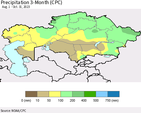 Kazakhstan Precipitation 3-Month (CPC) Thematic Map For 8/1/2023 - 10/31/2023