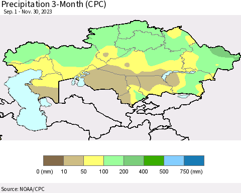 Kazakhstan Precipitation 3-Month (CPC) Thematic Map For 9/1/2023 - 11/30/2023