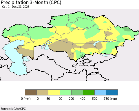 Kazakhstan Precipitation 3-Month (CPC) Thematic Map For 10/1/2023 - 12/31/2023