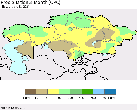 Kazakhstan Precipitation 3-Month (CPC) Thematic Map For 11/1/2023 - 1/31/2024