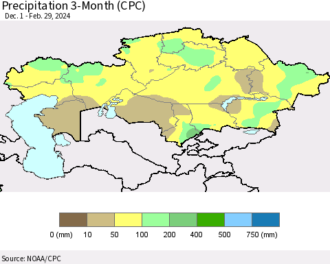 Kazakhstan Precipitation 3-Month (CPC) Thematic Map For 12/1/2023 - 2/29/2024