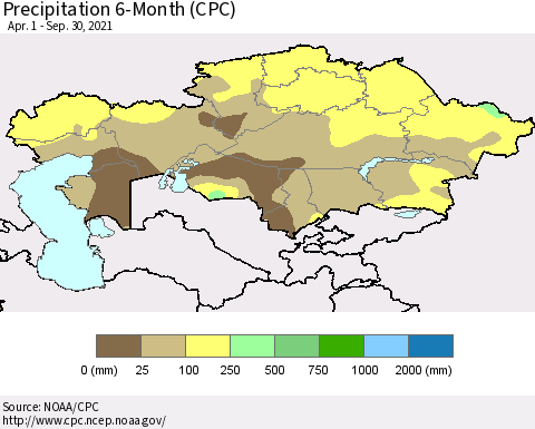 Kazakhstan Precipitation 6-Month (CPC) Thematic Map For 4/1/2021 - 9/30/2021