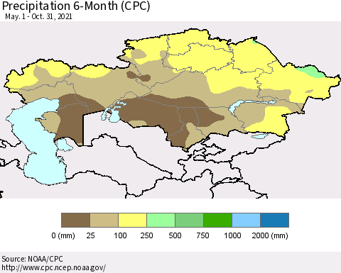 Kazakhstan Precipitation 6-Month (CPC) Thematic Map For 5/1/2021 - 10/31/2021