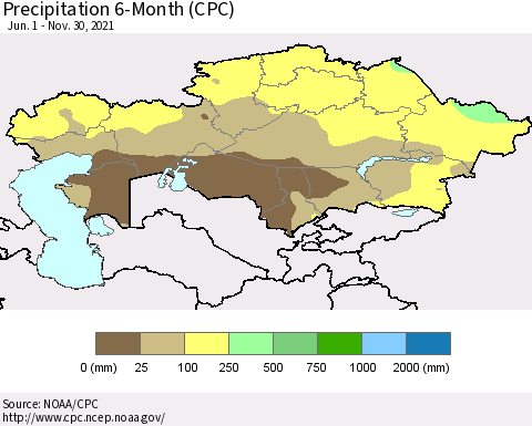 Kazakhstan Precipitation 6-Month (CPC) Thematic Map For 6/1/2021 - 11/30/2021