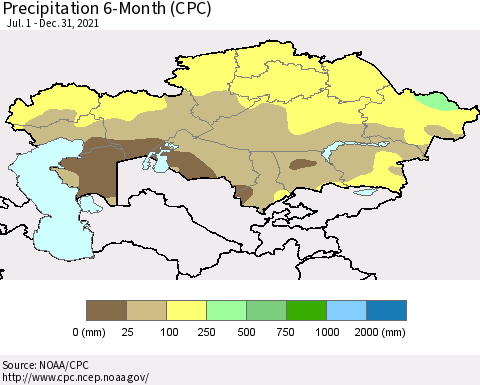 Kazakhstan Precipitation 6-Month (CPC) Thematic Map For 7/1/2021 - 12/31/2021