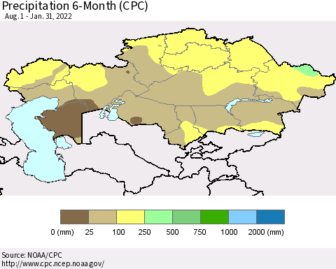 Kazakhstan Precipitation 6-Month (CPC) Thematic Map For 8/1/2021 - 1/31/2022