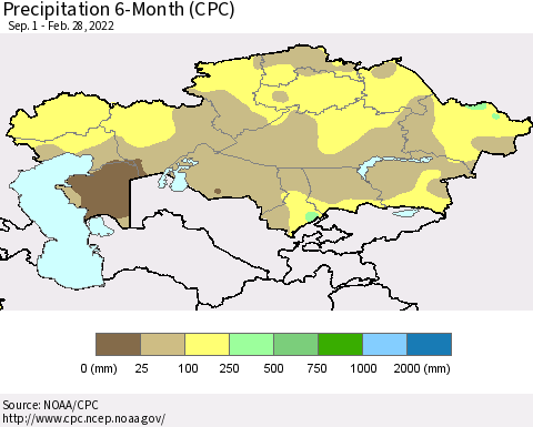 Kazakhstan Precipitation 6-Month (CPC) Thematic Map For 9/1/2021 - 2/28/2022