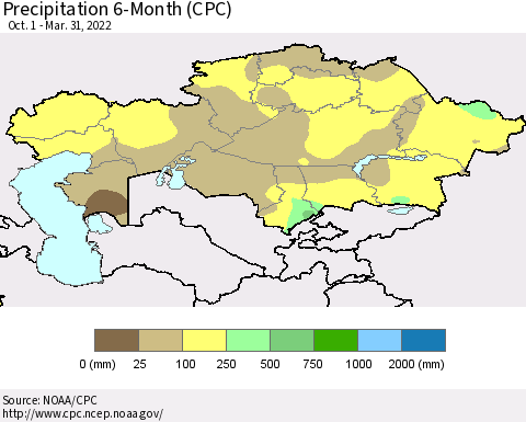 Kazakhstan Precipitation 6-Month (CPC) Thematic Map For 10/1/2021 - 3/31/2022