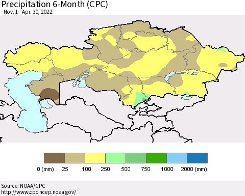 Kazakhstan Precipitation 6-Month (CPC) Thematic Map For 11/1/2021 - 4/30/2022