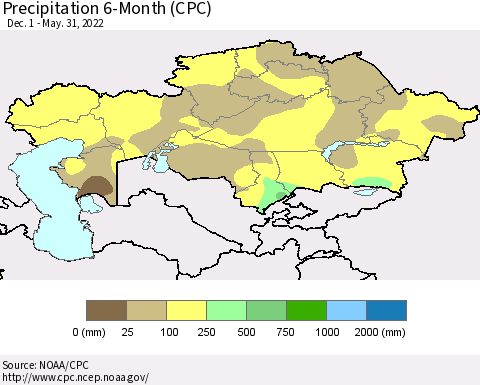 Kazakhstan Precipitation 6-Month (CPC) Thematic Map For 12/1/2021 - 5/31/2022