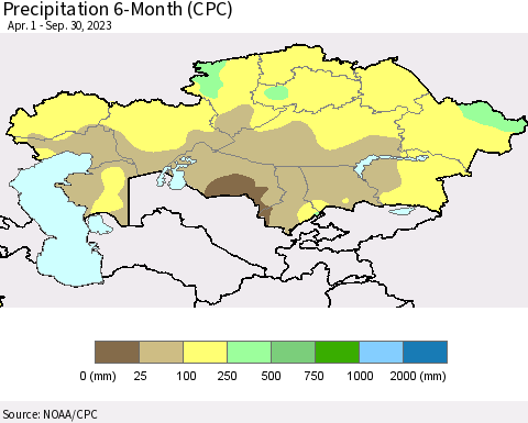 Kazakhstan Precipitation 6-Month (CPC) Thematic Map For 4/1/2023 - 9/30/2023