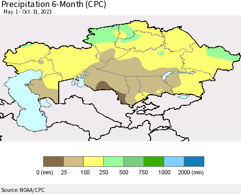 Kazakhstan Precipitation 6-Month (CPC) Thematic Map For 5/1/2023 - 10/31/2023