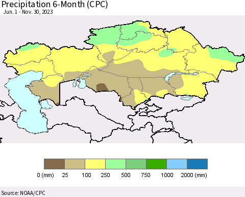 Kazakhstan Precipitation 6-Month (CPC) Thematic Map For 6/1/2023 - 11/30/2023