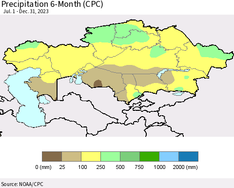 Kazakhstan Precipitation 6-Month (CPC) Thematic Map For 7/1/2023 - 12/31/2023