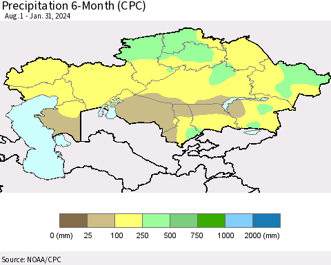 Kazakhstan Precipitation 6-Month (CPC) Thematic Map For 8/1/2023 - 1/31/2024