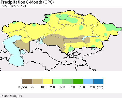 Kazakhstan Precipitation 6-Month (CPC) Thematic Map For 9/1/2023 - 2/29/2024