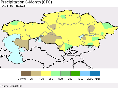 Kazakhstan Precipitation 6-Month (CPC) Thematic Map For 10/1/2023 - 3/31/2024