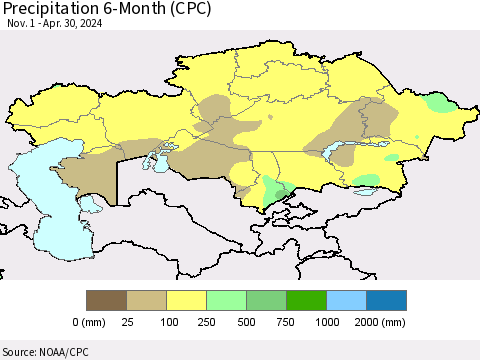 Kazakhstan Precipitation 6-Month (CPC) Thematic Map For 11/1/2023 - 4/30/2024