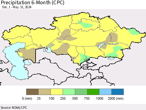 Kazakhstan Precipitation 6-Month (CPC) Thematic Map For 12/1/2023 - 5/31/2024