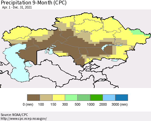 Kazakhstan Precipitation 9-Month (CPC) Thematic Map For 4/1/2021 - 12/31/2021