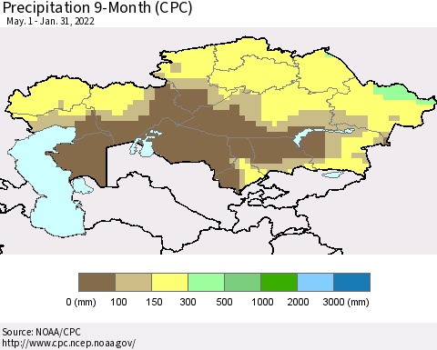 Kazakhstan Precipitation 9-Month (CPC) Thematic Map For 5/1/2021 - 1/31/2022