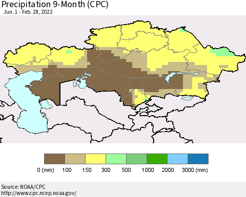 Kazakhstan Precipitation 9-Month (CPC) Thematic Map For 6/1/2021 - 2/28/2022