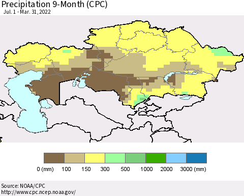Kazakhstan Precipitation 9-Month (CPC) Thematic Map For 7/1/2021 - 3/31/2022