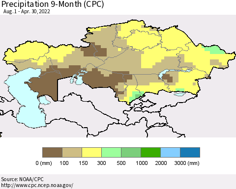 Kazakhstan Precipitation 9-Month (CPC) Thematic Map For 8/1/2021 - 4/30/2022