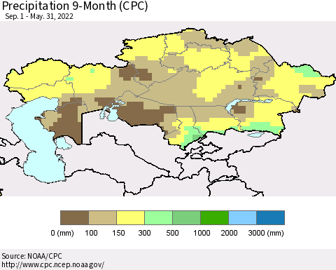 Kazakhstan Precipitation 9-Month (CPC) Thematic Map For 9/1/2021 - 5/31/2022