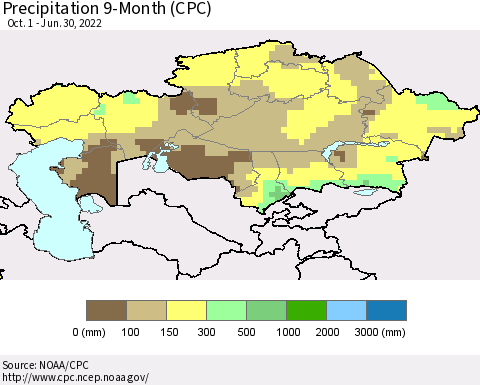 Kazakhstan Precipitation 9-Month (CPC) Thematic Map For 10/1/2021 - 6/30/2022