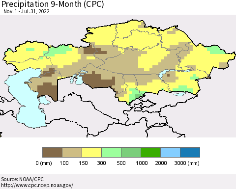 Kazakhstan Precipitation 9-Month (CPC) Thematic Map For 11/1/2021 - 7/31/2022