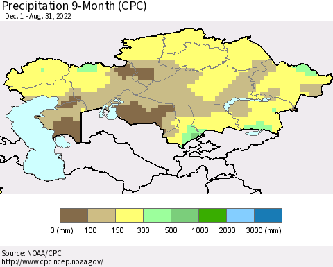 Kazakhstan Precipitation 9-Month (CPC) Thematic Map For 12/1/2021 - 8/31/2022