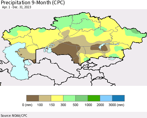 Kazakhstan Precipitation 9-Month (CPC) Thematic Map For 4/1/2023 - 12/31/2023
