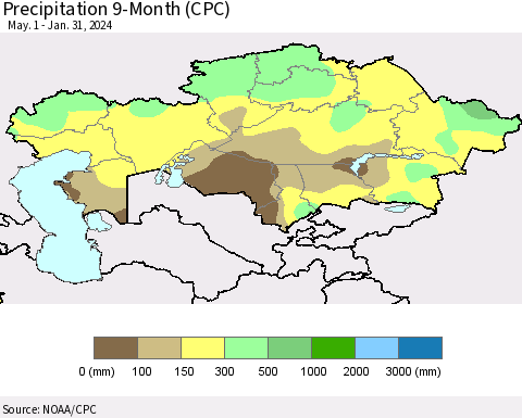 Kazakhstan Precipitation 9-Month (CPC) Thematic Map For 5/1/2023 - 1/31/2024