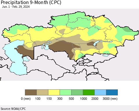 Kazakhstan Precipitation 9-Month (CPC) Thematic Map For 6/1/2023 - 2/29/2024