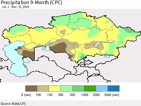 Kazakhstan Precipitation 9-Month (CPC) Thematic Map For 7/1/2023 - 3/31/2024