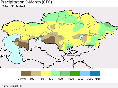 Kazakhstan Precipitation 9-Month (CPC) Thematic Map For 8/1/2023 - 4/30/2024