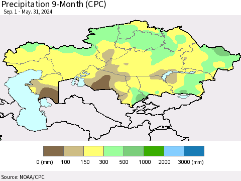 Kazakhstan Precipitation 9-Month (CPC) Thematic Map For 9/1/2023 - 5/31/2024
