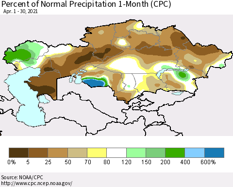 Kazakhstan Percent of Normal Precipitation 1-Month (CPC) Thematic Map For 4/1/2021 - 4/30/2021