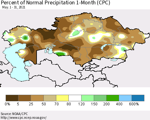 Kazakhstan Percent of Normal Precipitation 1-Month (CPC) Thematic Map For 5/1/2021 - 5/31/2021