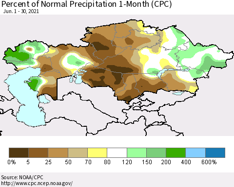 Kazakhstan Percent of Normal Precipitation 1-Month (CPC) Thematic Map For 6/1/2021 - 6/30/2021