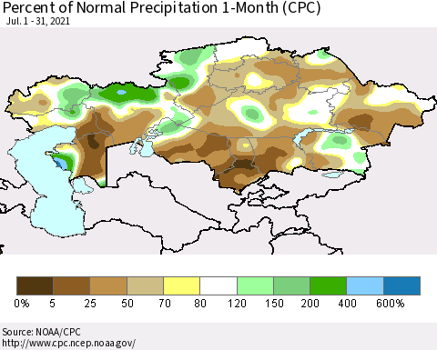 Kazakhstan Percent of Normal Precipitation 1-Month (CPC) Thematic Map For 7/1/2021 - 7/31/2021