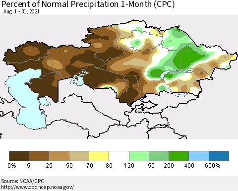 Kazakhstan Percent of Normal Precipitation 1-Month (CPC) Thematic Map For 8/1/2021 - 8/31/2021
