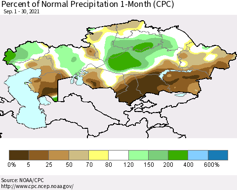 Kazakhstan Percent of Normal Precipitation 1-Month (CPC) Thematic Map For 9/1/2021 - 9/30/2021