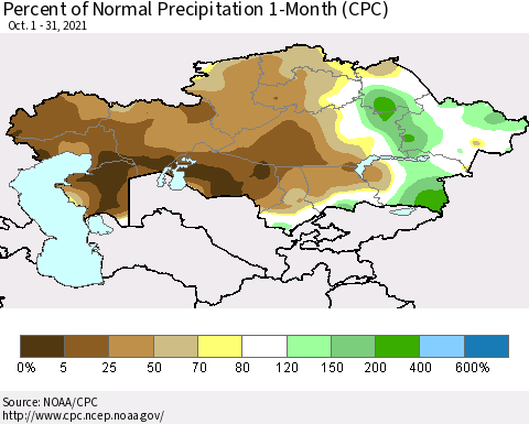 Kazakhstan Percent of Normal Precipitation 1-Month (CPC) Thematic Map For 10/1/2021 - 10/31/2021